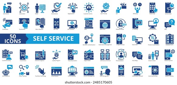 Self service icon collection set. Containing automation, kiosk, convenience, digitalization, customer centric, user friendly, diy icon. Simple flat vector illustration.