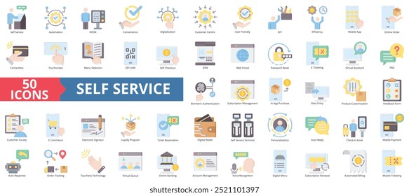 Conjunto de colección de iconos de autoservicio. Contiene automatización, quiosco, conveniencia, digitalización, Cliente centrado, fácil de usar, icono de bricolaje. Ilustración de color plano simple.