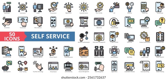 Self service icon collection set. Containing automation, kiosk, convenience, digitalization, customer centric, user friendly, diy icon. Simple flat outline color illustration