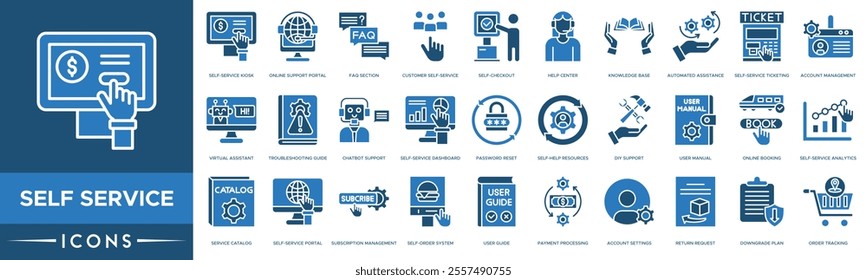 Self service icon. Self-Service Kiosk, Online Support Portal, FAQ Section, Customer Self-Service and Self-Checkout