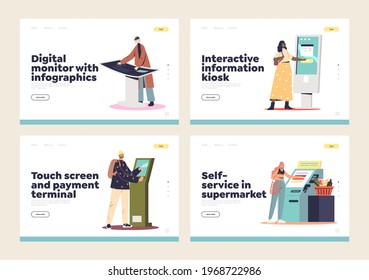 Self service information kiosks, digital cashier terminals and signage for contactless payment online. landing page set. Customers use modern touchscreen panels. Flat vector illustration