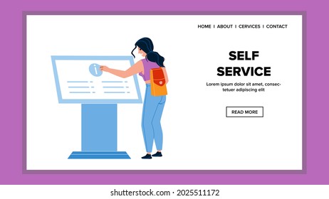 Self Service Interactive Computer Use Girl Vector. Young Woman Use Information Kiosk Self Service Machine. Character Electronic Equipment And Touchscreen Counter Web Flat Cartoon Illustration