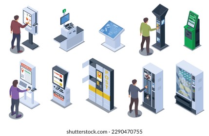 Self service isometric set with isolated icons of people using electronic terminals touchscreens on blank background vector illustration