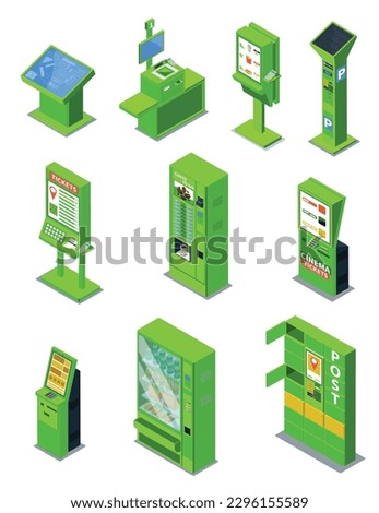 Self service isometric set with isolated icons of postal ticketing parking self checkout and vending machines vector illustration