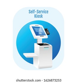 Self service kiosk flat concept icon. Payment terminal sticker, clipart. Digital software with sensor interface. Freestanding banking construction isolated cartoon illustration on white background