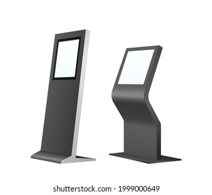 Self Service Kiosk With Touch Screen Panel. Invoice Checkout From Bank Station. Terminal For Customer Order And Atm Template Mockup Isolated. 3d Vector Illustration