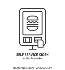 Icono de línea vectorial de quiosco de autoservicio. Terminal para pago electrónico. Máquina de pago digital con pantalla táctil interactiva para restaurante de comida rápida, cafetería. Trazo editable. 