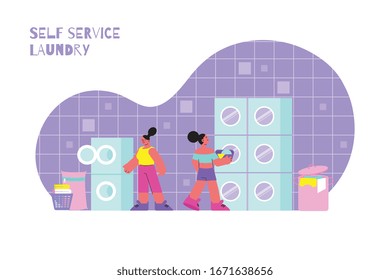 Self service laundry concept with washing symbols flat vector illustration