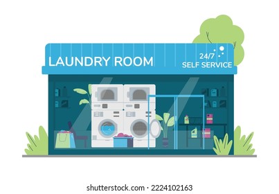 Self Service Laundry Room Building Exterior, Flat Vector Illustration Isolated On White Background. Public Laundromat With Washing Machines And Clothes Dryers, Washing Detergents.