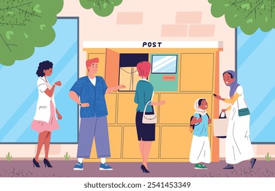 Self service locker. People self-delivery post station, modern delivery lockers automat machine shipment terminal automatic parcel pick up postal storage classy vector illustration