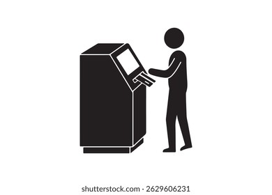 Self Service Machine Icon Silhouette - Stick Figure at ATM Machine Vector