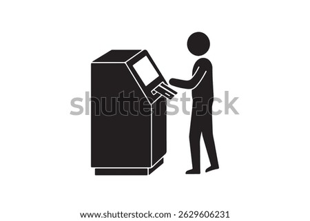 Self Service Machine Icon Silhouette - Stick Figure at ATM Machine Vector