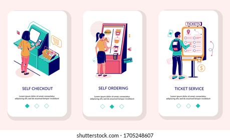 Self Service Mobile App Onboarding Screens. Menu Banner Vector Template For Website And Application Development. Supermarket Self Checkout, Fast Food Restaurant And Cinema Self-service Kiosks.