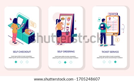 Self service mobile app onboarding screens. Menu banner vector template for website and application development. Supermarket self checkout, fast food restaurant and cinema self-service kiosks.