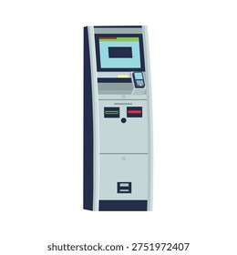  Self service payment terminal or ATM machine isolated on light background. Modern kiosk device for cash withdrawal, ticket payment and automated services.