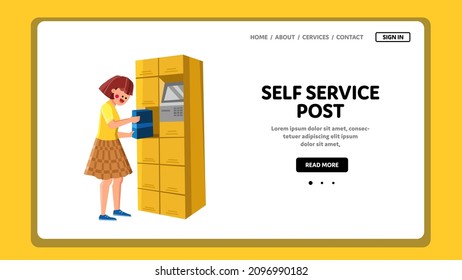 Self Service Post Equipment Use Girl Client Vector. Young Woman Using Digital Self Service Post. Character Getting Parcel From Delivery Company Automatic Station Web Flat Cartoon Illustration