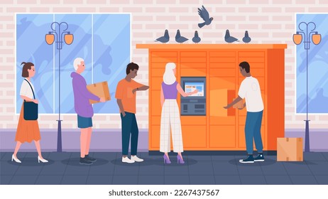 Self service in post office interior, queue to postomat vector illustration. Cartoon people standing in line at postal automat locker, customers waiting to receive store orders or send parcel boxes