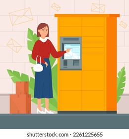 Self service in post office vector illustration. Cartoon woman using packstation in automat locker with display to receive or send parcels in paper boxes, delivery and storage of packages in postomat