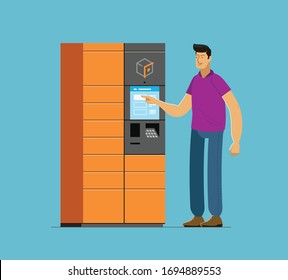 Self service post terminal. Man receives parcel vector illustration