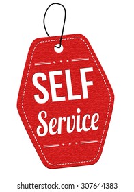 Self service red leather label or price tag on white background, vector illustration