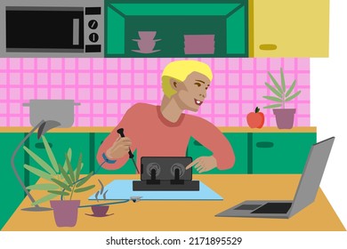 Self Service Repair electronics at home concept cartoon art of woman in kitchen
