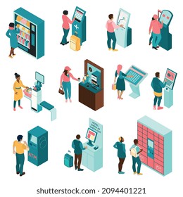 Self service set with payment symbols isometric isolated vector illustration