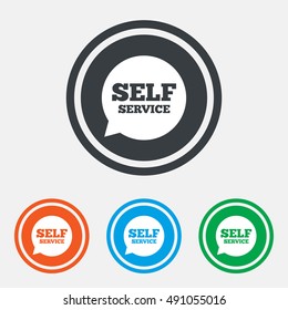 Self service sign icon. Maintenance symbol in speech bubble. Graphic design web element. Flat self service symbol on the round button. Vector