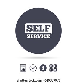 Self Service Sign Icon. Maintenance Button. Report Document, Information And Check Tick Icons. Currency Exchange. Vector