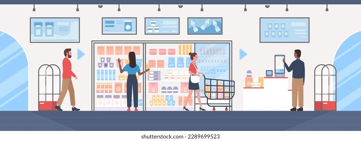 Self service in supermarket vector illustration. Cartoon store interior with people carry market trolley with grocery products, customers buy and pay for purchases at checkout automated kiosk