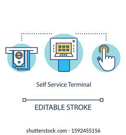 Self Service Terminal Concept Icon. Payment System Idea Thin Line Illustration. Shopping Checkout. Electronic Transaction. Modern Technology. Vector Isolated Outline Drawing. Editable Stroke