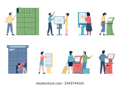 Self service terminals. People using smart kiosks for byu tickets, order food or travel, take parcels. Digital ordering, technology lifestyle recent vector scenes