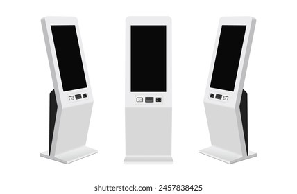 Self Service Visitor Registration Digital Kiosk, Visiting Queuing Inquiry Ticket Machine, Payment Terminal, Front, Side View. Vector Illustration