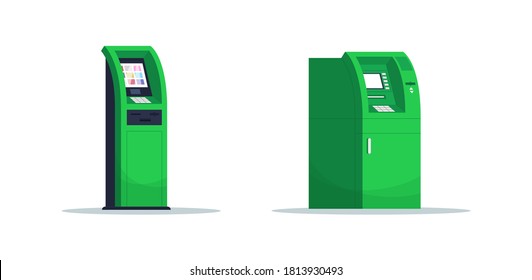 Self serving kiosks semi flat RGB color vector illustration set. ATM for cash withdrawal. Financial operation with automated machine. Bank terminal isolated cartoon object on white background pack