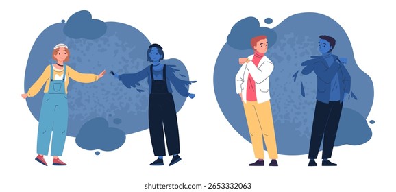 Auto sombra. Mulher consciente homem com ego inconsciente, conhecer arquétipo desconhecido si mesmo consciência pessoa espelho reflexão escura melhor motivação psicologia conceito vetor ilustração