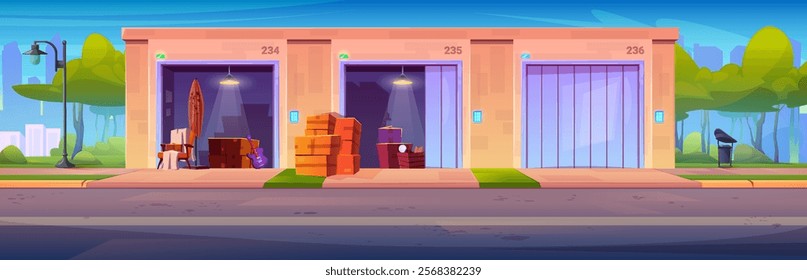 Self storage exterior design - numbered rental units with illuminated interiors, stacked boxes, home stuff and personal belongings. Storage house with electronic locks. Commercial property scenery.