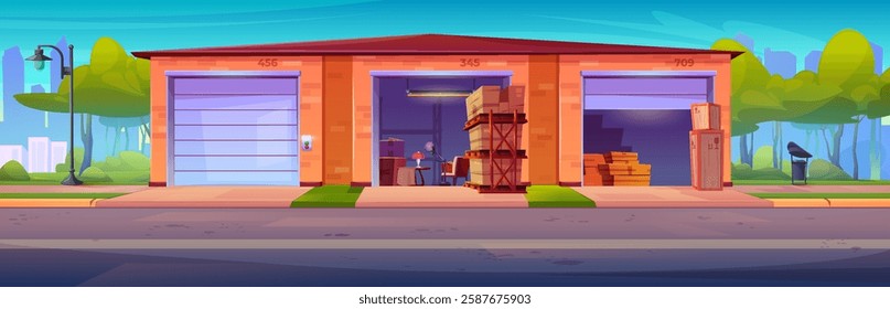 Self storage facility exterior - three rental units with numbered doors, stacked boxes and stuff, shelving garages. Modern building surrounded by green landscape, street lamp, city silhouette.