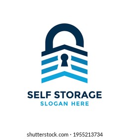 Self storage logo design template. Safe storage garage vector illustration. With concept of padlock and garage symbol combination.