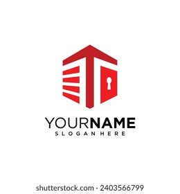 Self storage logo design template with letter T. Safe storage garage vector illustration with concept of padlock and garage symbol combination.