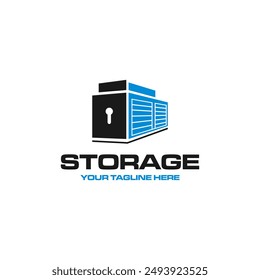 Design-Vorlage für Self-Storage-Logos. Sichere Aufbewahrungsgarage Vektorillustration. Mit Vorhängeschloss und Garagensymbolkombination.