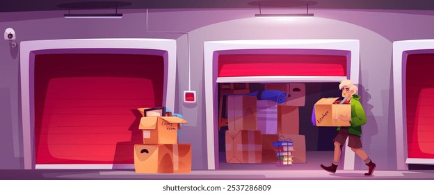 Self storage unit with box. Person rent storehouse for space. Man keeping personal items in mini warehouse environment. Property facility with security camera and male character inside building