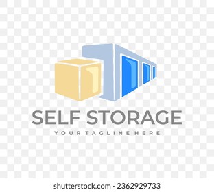 Self storage unit, cardboard box, garage and door, graphic design. Storage facility, facilities, rental, warehouse, keeping and storing, vector design and illustration