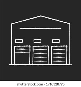 Self storage unit chalk white icon on black background. Industrial building entrance. Open and closed roller doors on warehouse. Storing facility. Isolated vector chalkboard illustration