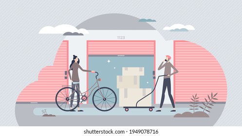 Self storage unit as personal boxes warehouse or garage tiny person concept. Storehouse entrance view with open door vector illustration. Rental space for bulky luggage, goods, items and packages.