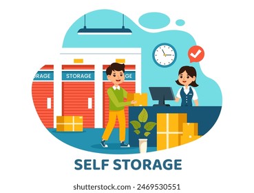 Self Storage Vector Illustration featuring Cardboard Boxes Filled with Unused Items in a Mini Warehouse or Rental Garage in a Flat Cartoon Background