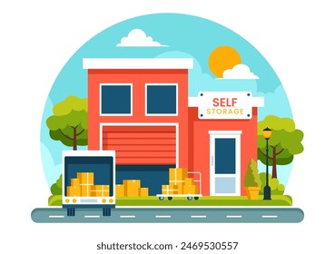 Self Storage Vector Illustration featuring Cardboard Boxes Filled with Unused Items in a Mini Warehouse or Rental Garage in a Flat Cartoon Background