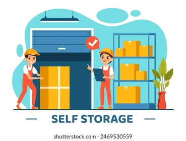 Self Storage Vector Illustration featuring Cardboard Boxes Filled with Unused Items in a Mini Warehouse or Rental Garage in a Flat Cartoon Background