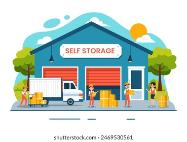 Self Storage Vector Illustration featuring Cardboard Boxes Filled with Unused Items in a Mini Warehouse or Rental Garage in a Flat Cartoon Background