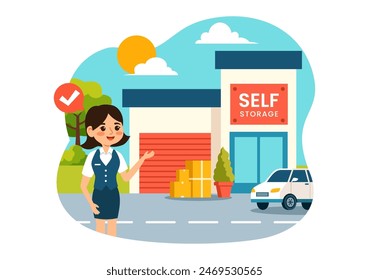 Self Storage Vector Illustration featuring Cardboard Boxes Filled with Unused Items in a Mini Warehouse or Rental Garage in a Flat Cartoon Background