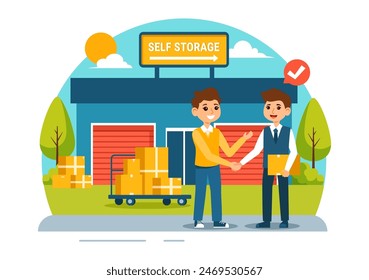 Self Storage Vector Illustration featuring Cardboard Boxes Filled with Unused Items in a Mini Warehouse or Rental Garage in a Flat Cartoon Background