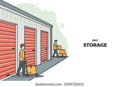 Self Storage vectors, A small mini warehouse with a man handling cardboard boxes in front of a garage door. This scene represents logistics and goods transportation, depicting a self-storage unit.